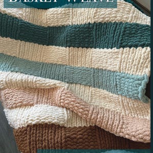 May include: A handmade, finger knit blanket in a basket weave pattern. The blanket features alternating stripes of cream, teal, light blue, and brown. The text "BASKET WEAVE" and "FINGER KNIT AND LOOM FRIENDLY" are displayed on the image.