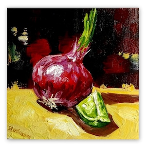 Pintura de cebolla con lima Arte de pared de cocina Arte original de cebolla roja 6 x 6 "Arte de naturaleza muerta Regalo Pintura al óleo de impasto de SvetArtDaItaly