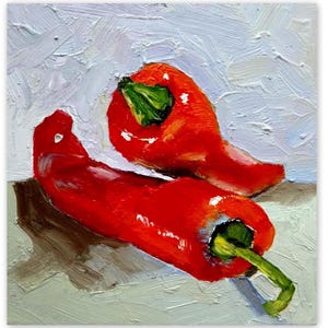 Red Pepper Painting Still Life Wall Art Chili Pepper Semi Abstract Artwork Pepper Impasto Oil Original Art 6 by 6&quot; Small Kitchen Decor