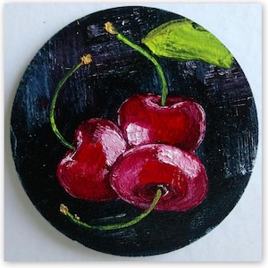 Red Cherry Painting Still Life Fruit Semi Abstract Impasto Oil Original Art 4x4