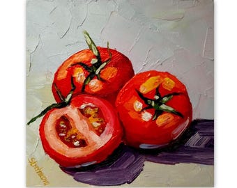 トマトの絵画：デシ・グテヴァによるオリジナルのインパスト油彩静物画