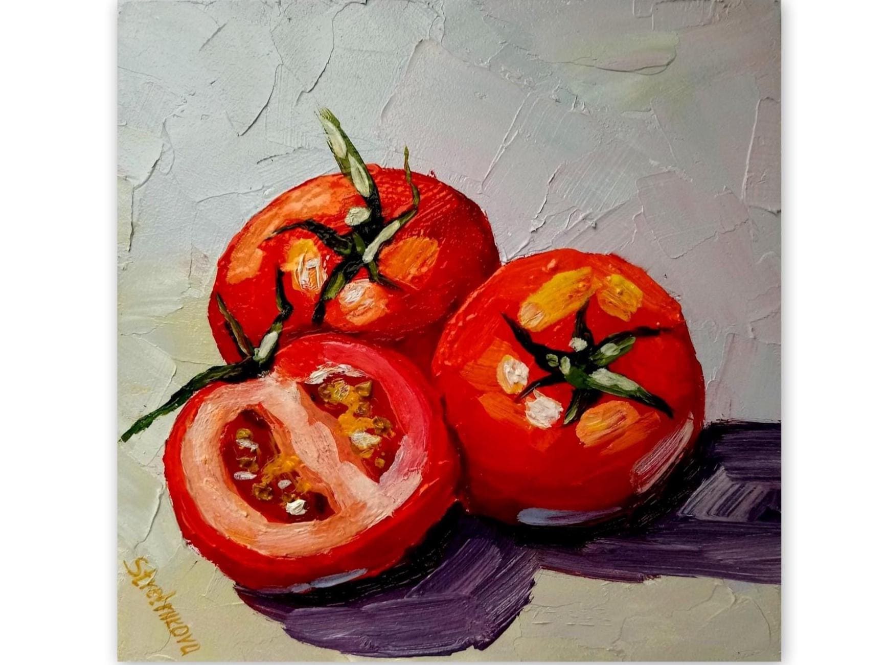 トマトのインパスト油絵：赤いトマトの静物画 オリジナルアート 6x6