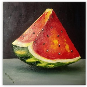May include: Oil painting of a watermelon slice. The artwork features a vibrant red interior with black seeds, a yellow-orange center, and a green rind. The background is dark, and the slice rests on a gray surface.
