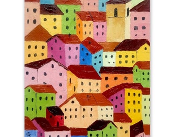 « Peinture abstraite paysage urbain Art de la ville original 6 x 20 cm, peinture à l'huile empâtement paysage urbain petite breloque » par SvetArtDaItaly