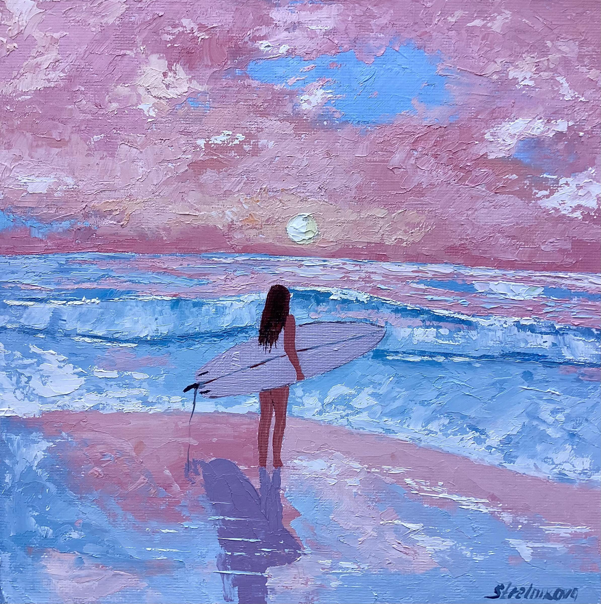 ピンクの夕焼けの絵画 海辺の風景 オリジナルアート 8x8