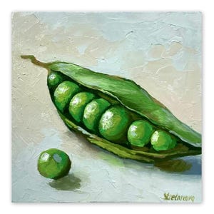 Pintura de ervilha, natureza morta, arte de parede, vegetal, semi-abstrato, pintura a óleo, vagem de ervilha, arte original, 6 por 6", decoração de cozinha por SvetArtDaItaly