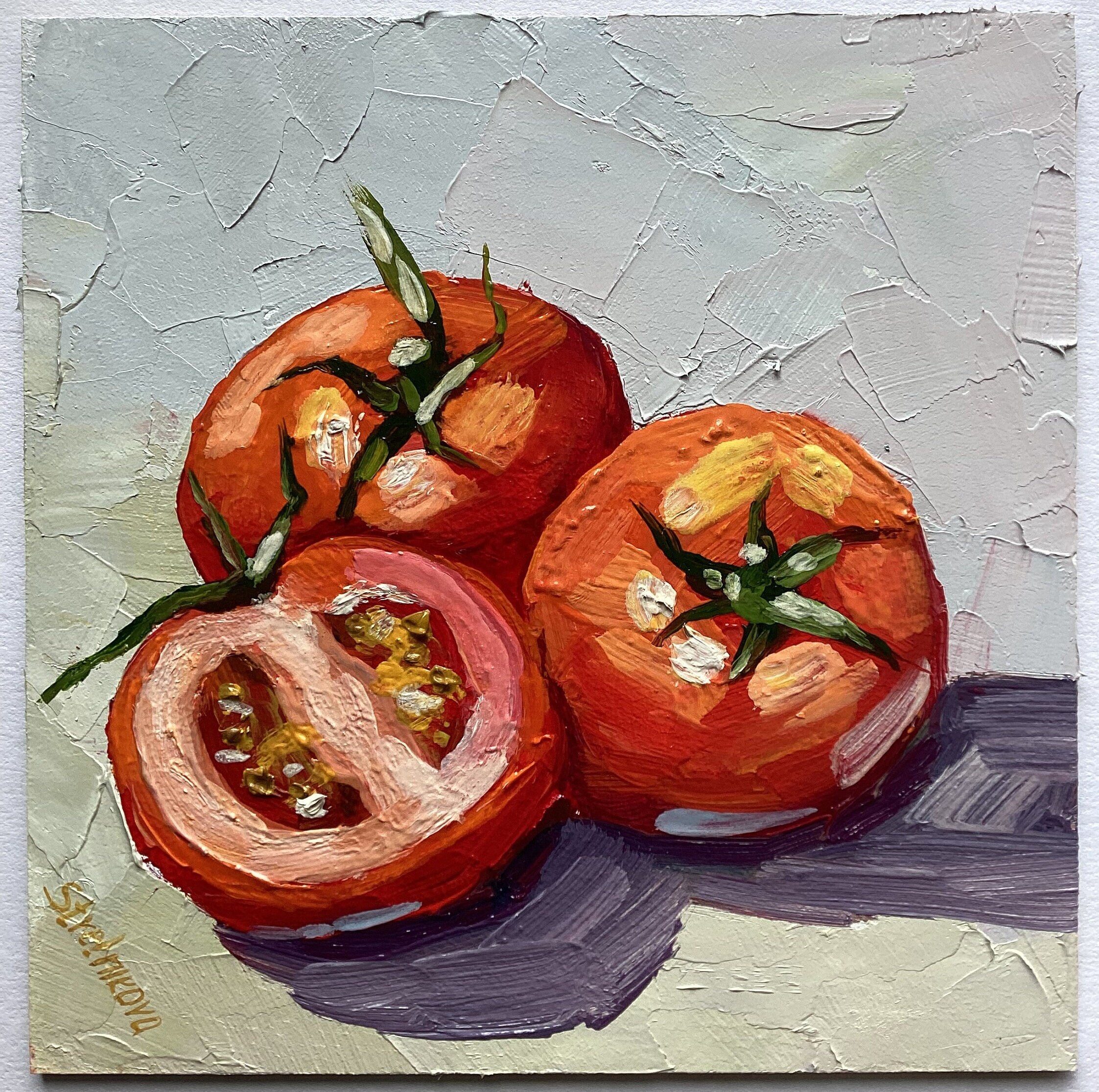 トマトのインパスト油絵：赤いトマトの静物画 オリジナルアート 6x6