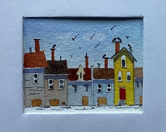 SvetArtDaItaly, petite maison, peinture, croquis, petite aquarelle, art original, décoration de maison de poupée, 2 x 1,6 pouces