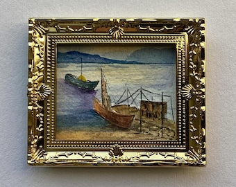 Pintura de barcos de pesca en miniatura para decoración de casas de muñecas. Acuarela original en miniatura.