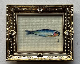 Tiny Sardine Oil Painting: Still Life Home, Original Art 1.6x1.9 Mini Frame