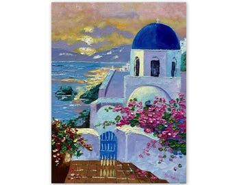 Santorini Painting Original Greece Art 7 x 9&quot; Greece Landscape Bougainvillea Wall Art Impasto Oil Painting Gift Small Artwork