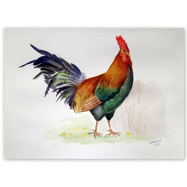 Peinture coq oiseau basse-cour Art coq oeuvre peinture aquarelle originale 8 x 12" par SvetArtDaItaly