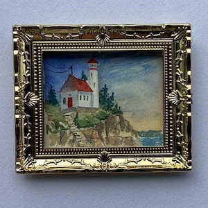 Tiny Lighthouse Painting Miniature Original Art 1.6 x 1.9&quot; Tiny Landscape Dolls-house Decor Tiny Frame Gift Miniature  Watercolor