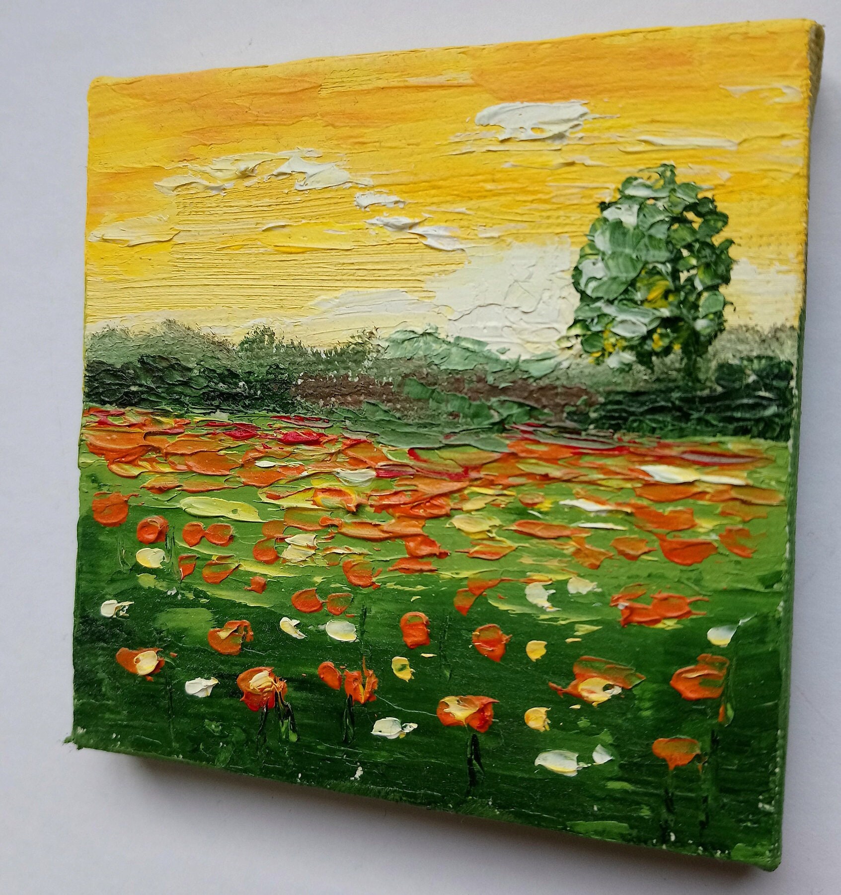 トスカーナのミニチュア油絵：イタリアの風景 オリジナル 3x3 アート