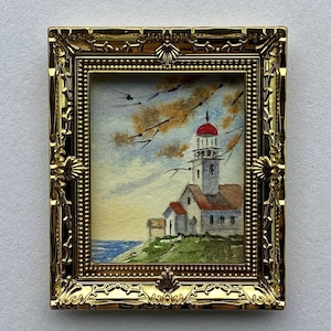 Tiny Lighthouse Painting Miniature Original Art 1.6 x 1.9&quot; Tiny Landscape Art Gift Dolls-house Decor Frame Miniature Watercolor