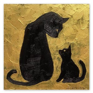 « Chat noir avec chaton, art mural portrait de chat, portrait d'animal de compagnie, art abstrait abstrait, art original de 6 x 6 po. » par SvetArtDaItaly