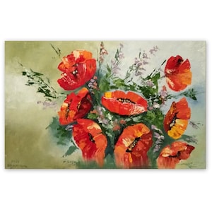 Poppies Painting Bouquet of Poppies Wall Art Flowers Impasto Oil Original Art 8 by 12 Contemporary Artwork by SvetArtDaItaly