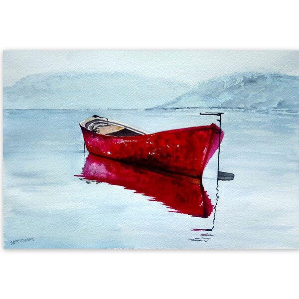 SvetArtDaItaly, peinture bateau de pêche rouge, aquarelle originale, petite oeuvre d'art murale 20 x 30 cm