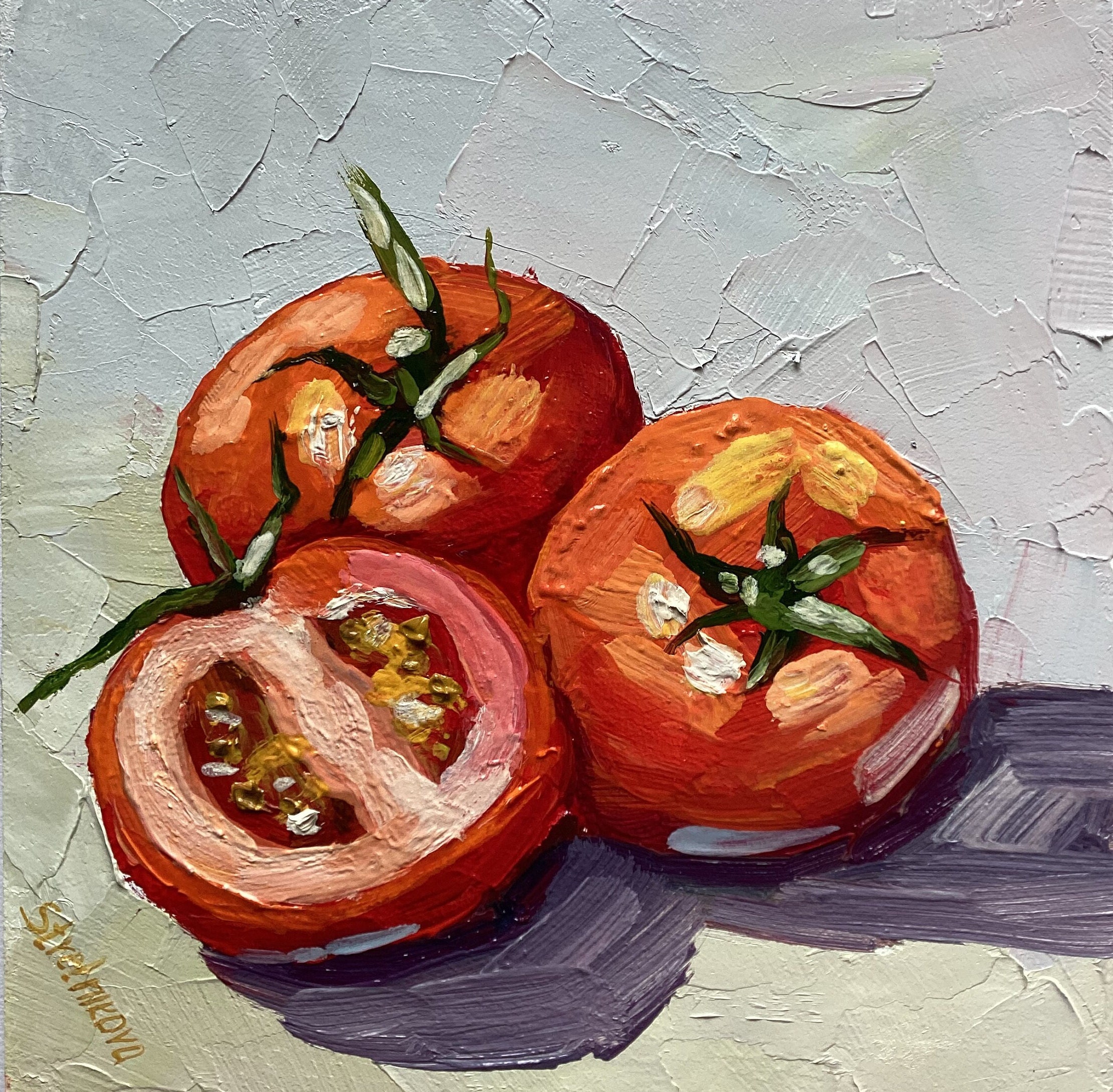 トマトのインパスト油絵：赤いトマトの静物画 オリジナルアート 6x6