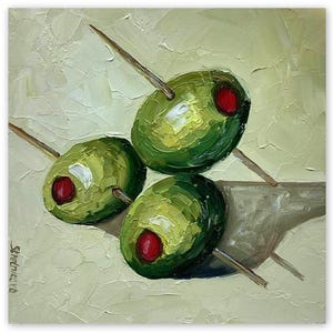 Pintura de aceitunas, arte mural para el hogar, naturaleza muerta, aceitunas verdes, empastado, óleo, obra semiabstracta, arte original, 15 x 15 cm, decoración de cocina de SvetArtDaItaly