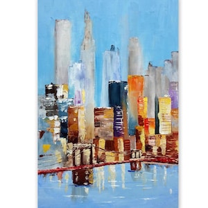 New York Painting Cityscape Wall Art Brooklyn Bridge Urban Impressionism Impasto Oil Original Art 8 by 12" Contemporary Artwork