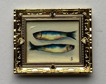 Tiny Sardines Painting Home Still Life Original Miniature Oil Art Mini Frame