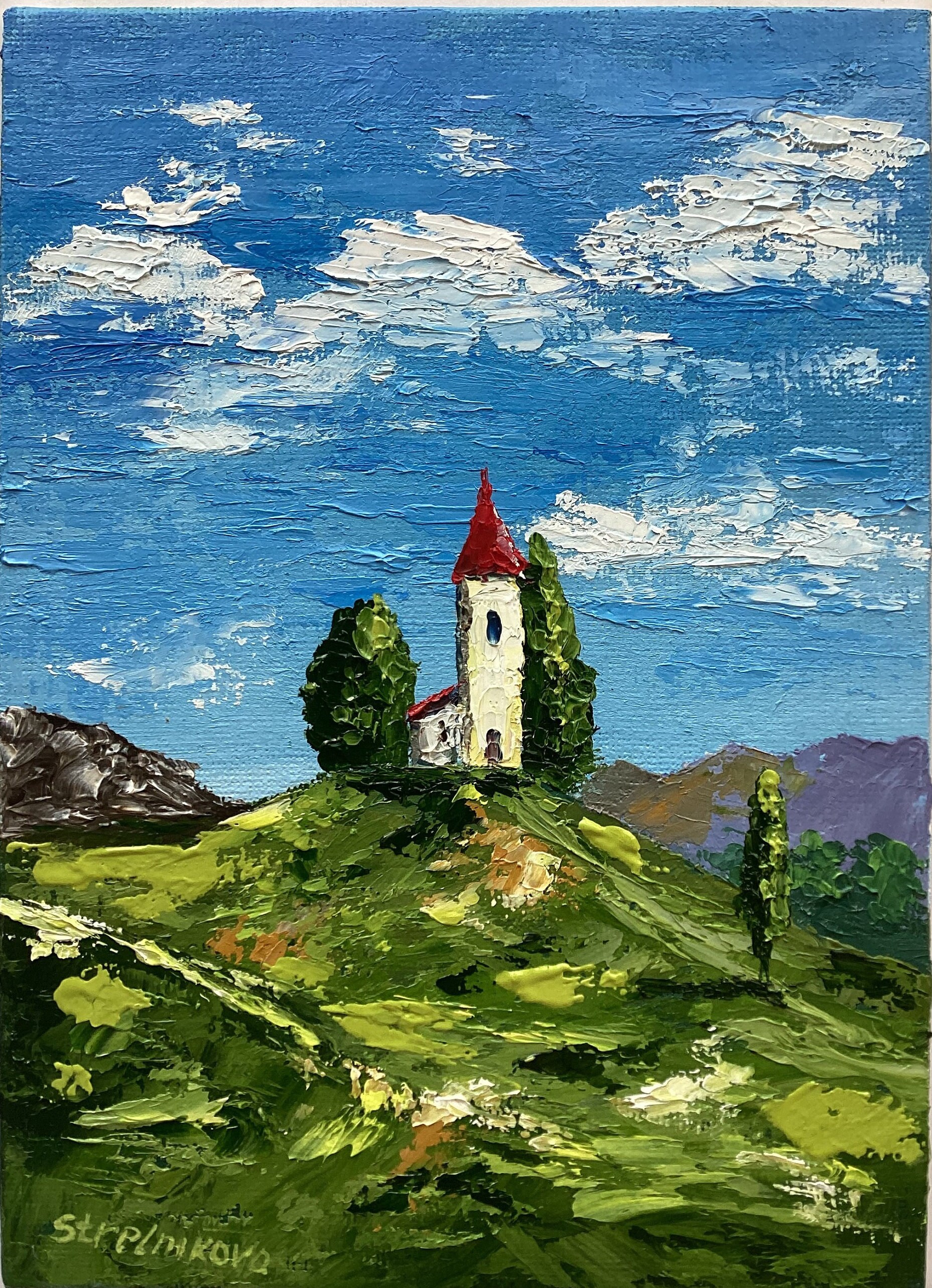 油絵トスカーナ風景 トスカーナの風景油絵 イタリア トスカーナの芸術 厚塗り絵画