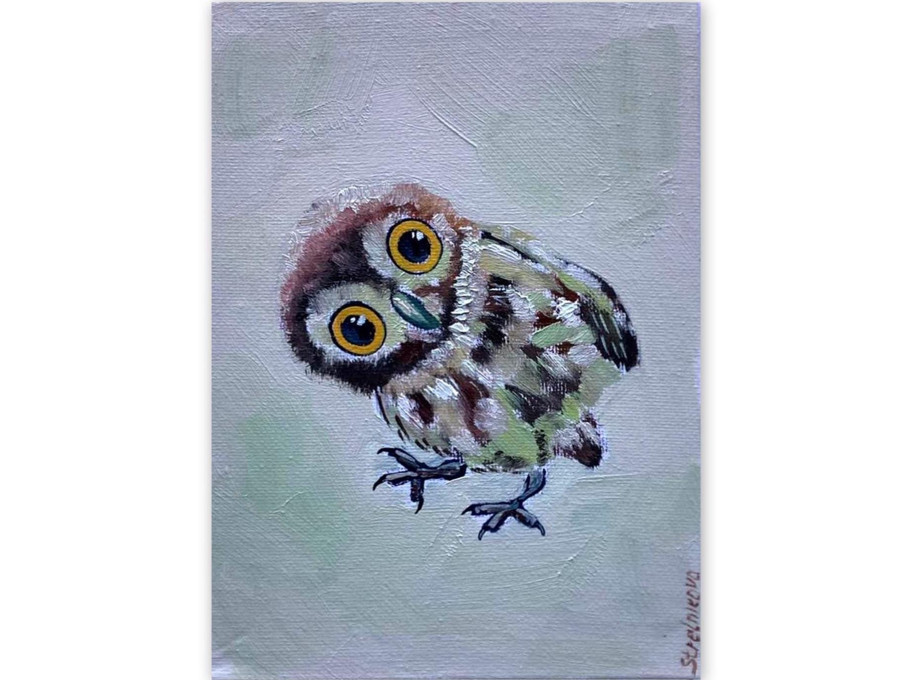 Owl Oil Painting: Minimalist Bird Home Decor, Art 5x7 Original