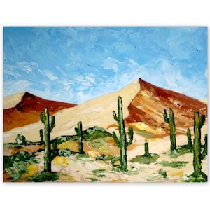 Saguaro Cactus Oil Painting: Arizona Desert Impasto Art, 7x9