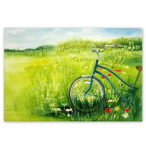 Pintura de bicicleta Campo Flores Prado Arte de pared Arte de bicicleta Arte original 8 por 12 Acuarela pequeña