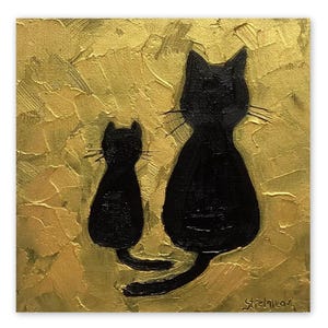 « Chat noir avec chaton, art mural portrait de chat, portrait d'animal de compagnie, art abstrait abstrait, art original de 6 x 6 po. » par SvetArtDaItaly