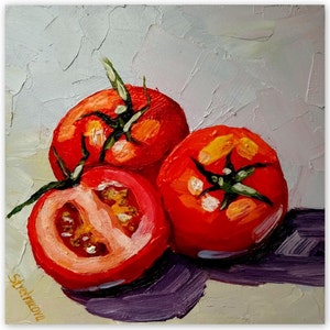 Pintura de tomates Arte original de tomates 6 x 6 "Tomates rojos Arte de pared Naturaleza muerta Regalo Impasto Pintura al óleo Pequeña obra de arte Encanto de cocina