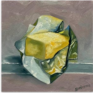 Irish Butter in Foil Painting Home Wall Art Still Life Butter Impasto Oil Semi Abstract Artwork Food Painting Original Art 6 by 6