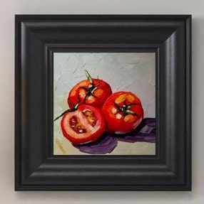 トマトのインパスト油絵：赤いトマトの静物画 オリジナルアート 6x6