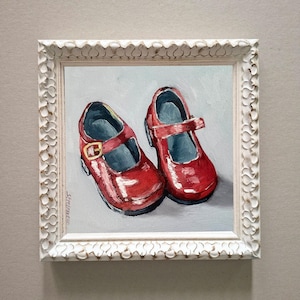 Red Shoes Oil Painting: Boots for Girls Original 6x6 Art Impasto