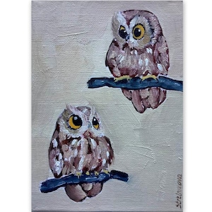 Cute Owl Duo Wall Art Minimalist Bird Art Wildlife Home Decor Perfect Gift for Owl Lovers Original Art 5 by 7 by SvetArtDaItaly