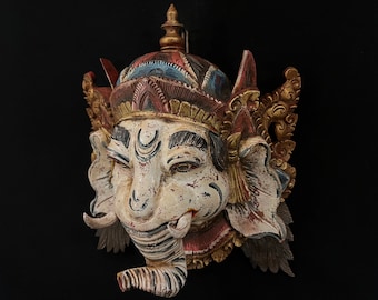 11” Ganesha Wooden Bali Mask, Hindu Goddess Statue, Ganesh Balinese Mask, Hand Painted, Home Decor, Wall Art Decor, Wood Gifts
