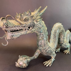 19.5” Folk China Bronze Dragon with Pearl Ball, Dragon Bronze Statue, Dragon Sculpture, Dragon Decor