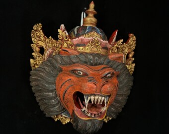 Narasimha Wood Balinese Mask, Lion Wood Sculpture, Hand Carving, Wall Art Decor, Bali Barong Wood Mask, Wood Statue