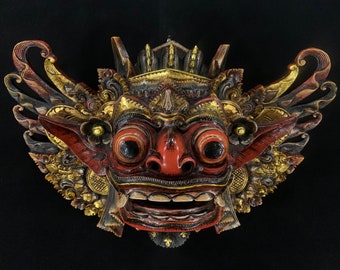 Hand Carved Teak Wood Barong Mask, Balinese Wall Decor (11.5” x 17”