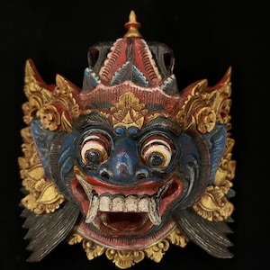 Blue Boma Bali Wood Mask Vintage Balinese Hand Carved Wood Mask Traditional Mask Wall Art Decor Antique Ornaments, Art Furniture, Bali Wood