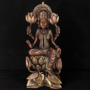 Lakshmi Goddess Wood Statue, Sitting Laxmi on Lotus Idol, Hindu Goddess, Balinese Wooden Sculpture, Hand Carving, Bali Wood Statue