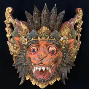 Narasimha Bali Wooden Mask Balinese Lion Wood Sculpture Hand Carving Vintage Wall Decor Barong Wood Mask Bali Wall Art Figurine Home Decor
