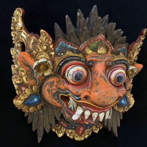 Antique Wooden Balinese Mask Hand Carved Vintage Traditional Mask Barong Bali Mask Wall Art Decor Wall Hanging