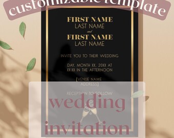 Black and Gold Wedding Invitation Template | Custom Canva Template | Digital Download