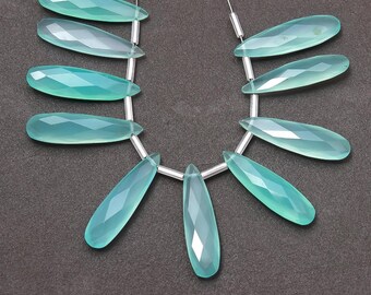 Natural Auqa Chalcedony Faceted Long Drop Beads Gemstone.Aqua Chalcedony 30 x 8 MM Size. 5 Matched Pair Beads (10) Beads Pieces.