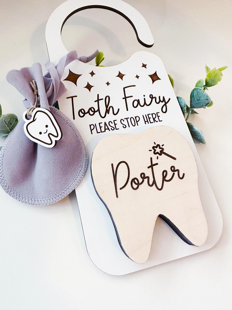 Tooth Fairy Money Holder Tooth Holder Door Hanger Tooth Pouch White w/ Maple Tooth