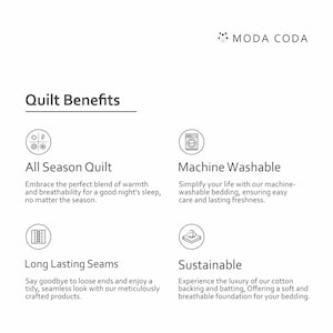 White sheet of paper outlining features of the MODA CODA Quilt, including: suitable for all seasons, crafted from breathable cotton for year-round comfort; machine washable for easy care; provides the right balance of warmth and airflow for a restful night’s sleep; made with strong, long-lasting seams to maintain a neat appearance; and sustainably produced materials for an eco-conscious, luxurious bedding experience.