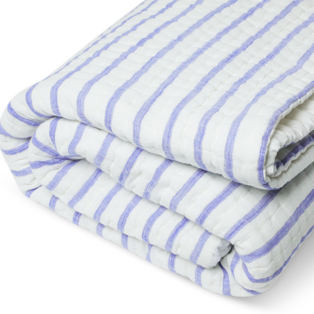 Bold Blue White Striped Cotton Quilt, Striped Pick Stitch Cotton Quilt