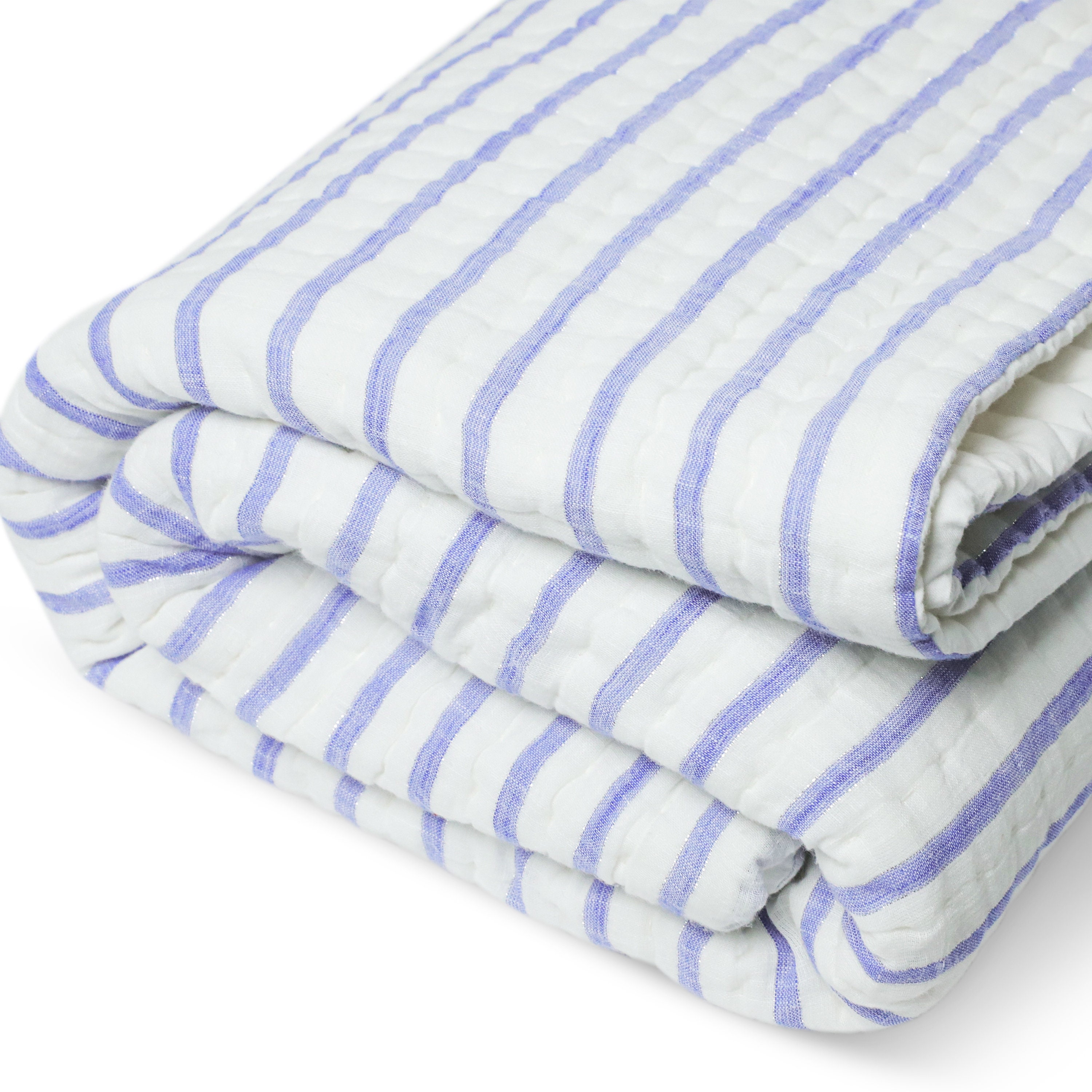 Bold Blue White Striped Cotton Quilt, Striped Pick Stitch Cotton Quilt